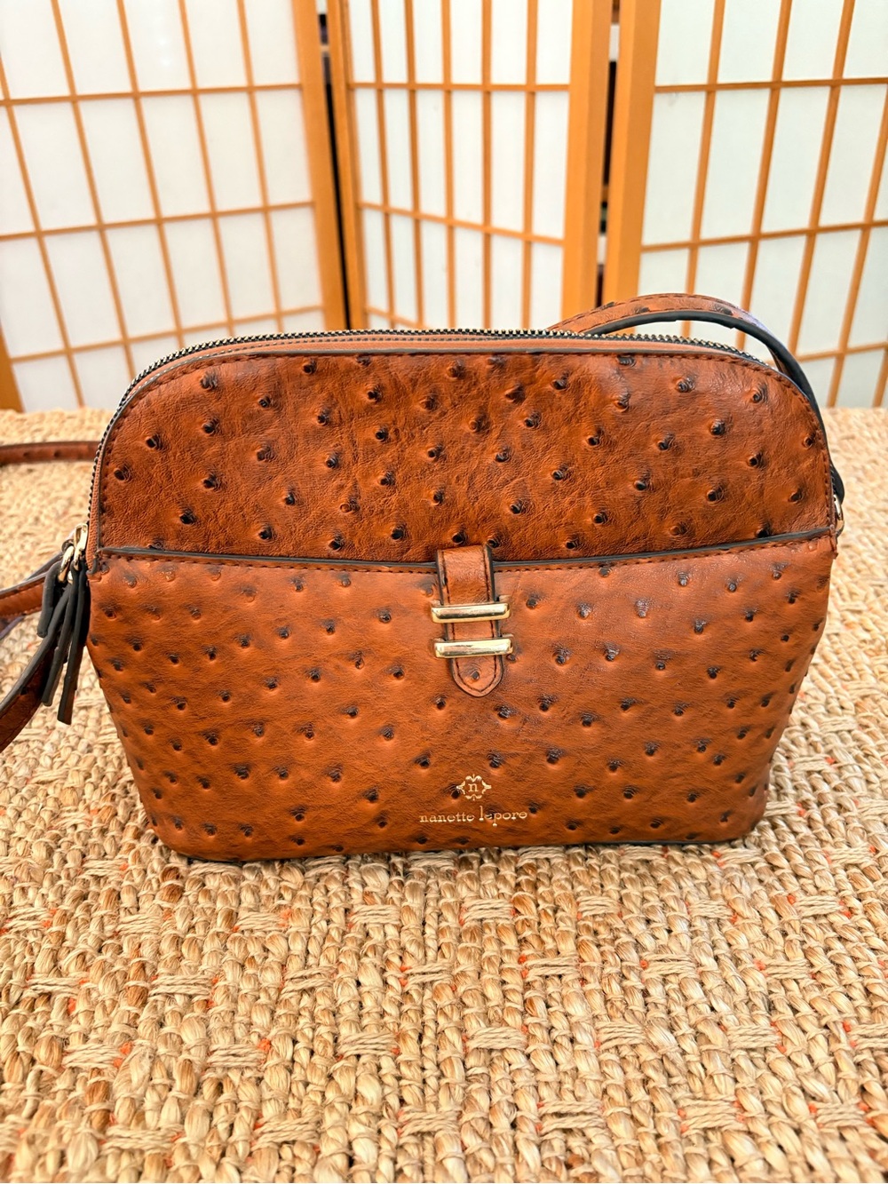 Nanette Lepore Tan Ostrich-Embossed Crossbody Bag with Gold Hardware